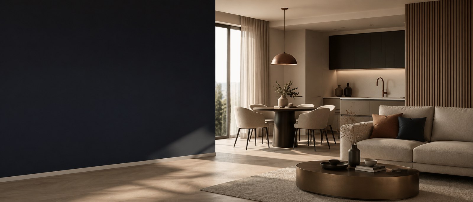 Warm, minimal interior representing a furnished Build to Rent apartment
