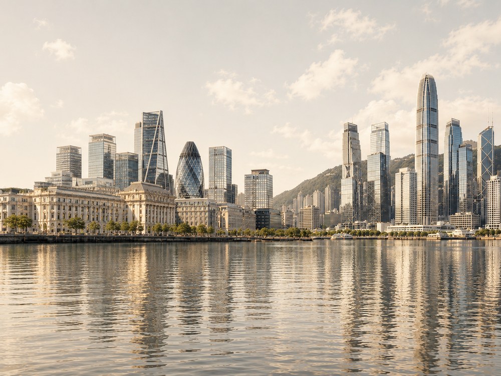 A bright, warm-toned harbour skyline evoking London and Hong Kong
